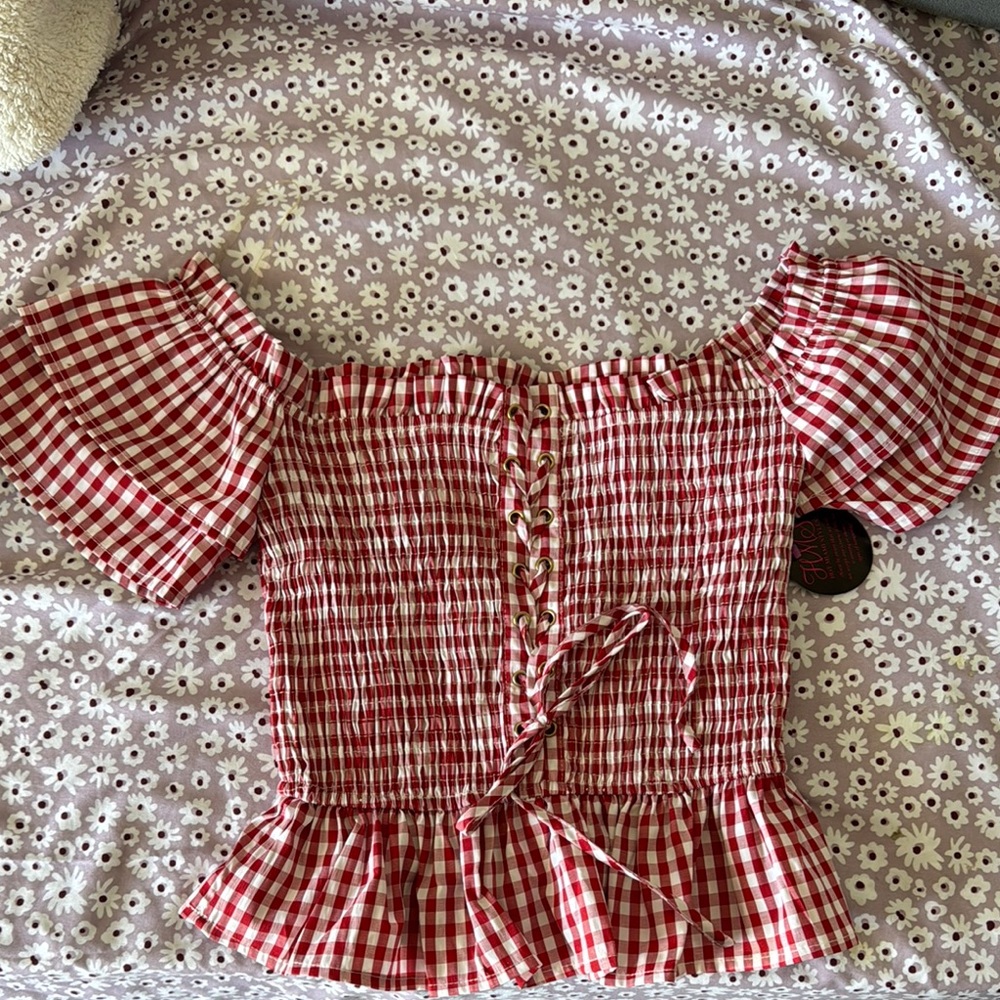 Red and White Smocked Peplum Blouse with Short Sleeves